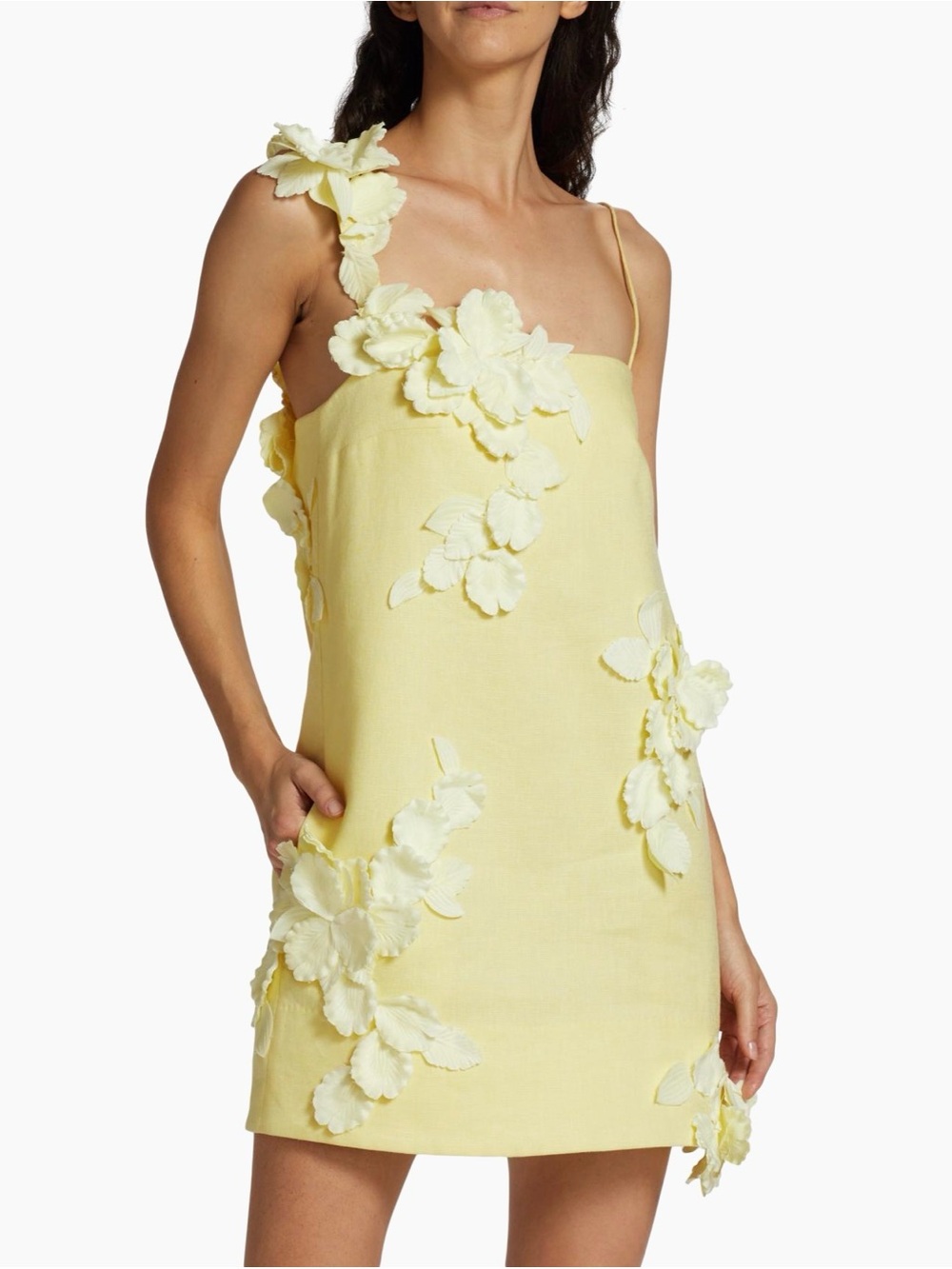 Zimmermann Pale Yellow One-Shoulder Mini Dress with Floral Appliqués - Picture 2 of 3